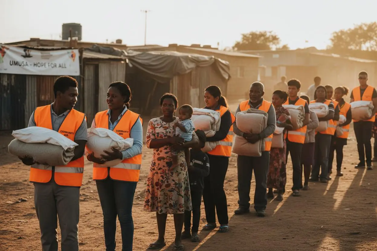 Community aid volunteers distributing blankets and parcels to a queue of residents at dusk