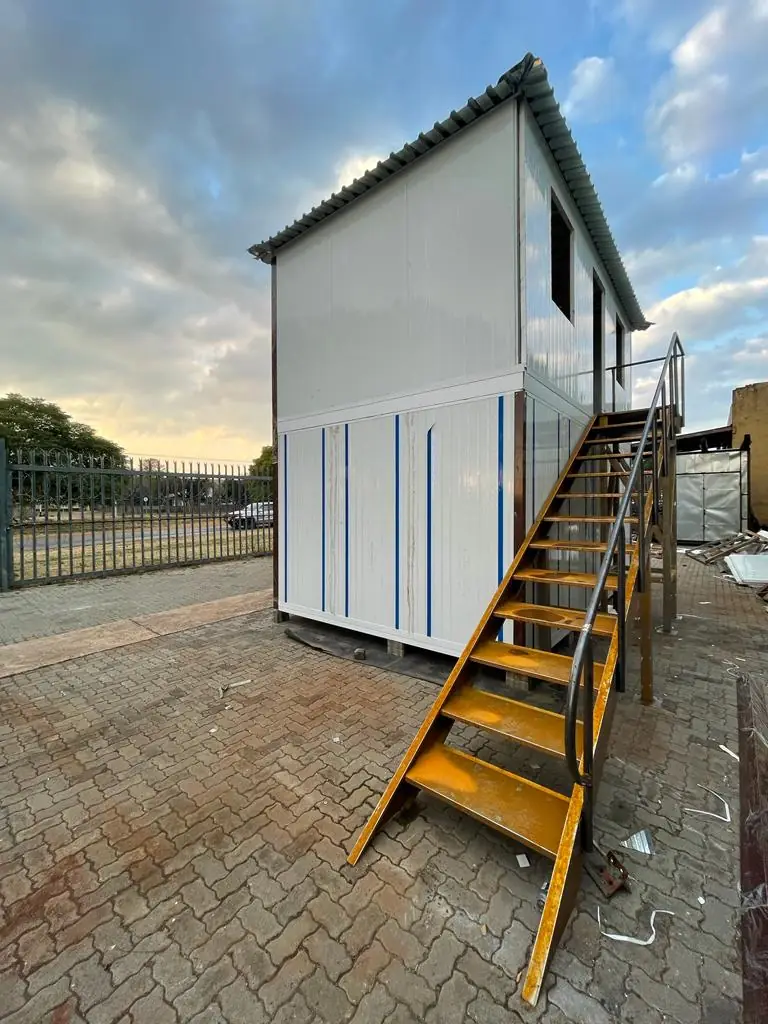 External steel staircase on a double-storey modular unit