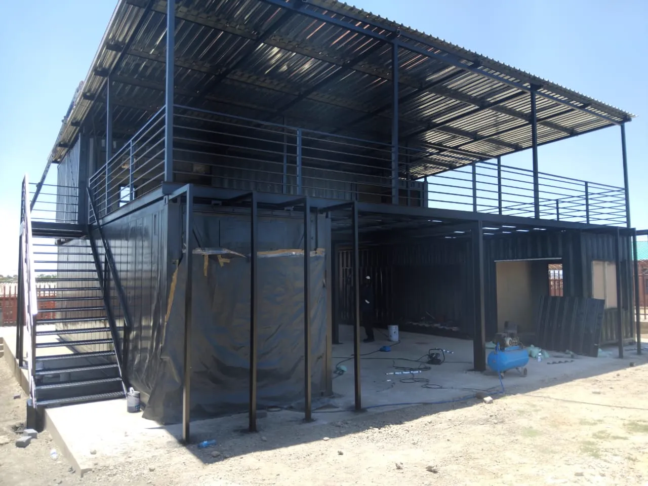 A double-storey container structure under construction