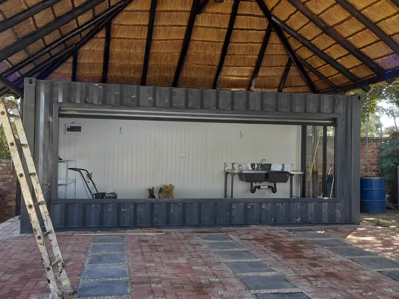 A shipping container fitted out as an outdoor kitchen
