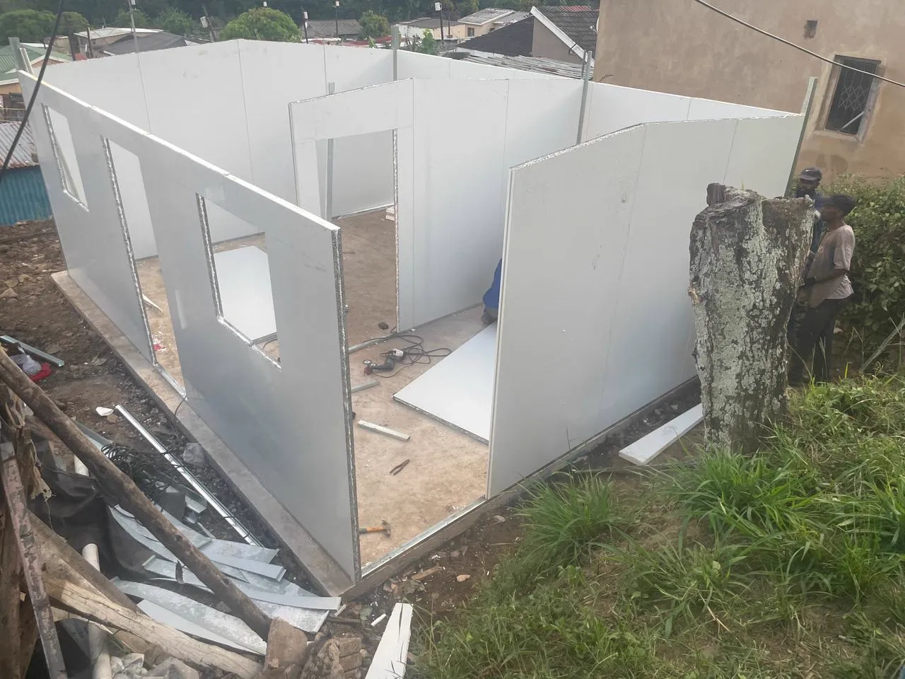 A modular unit being framed on site