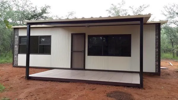 A completed modular unit with a covered veranda