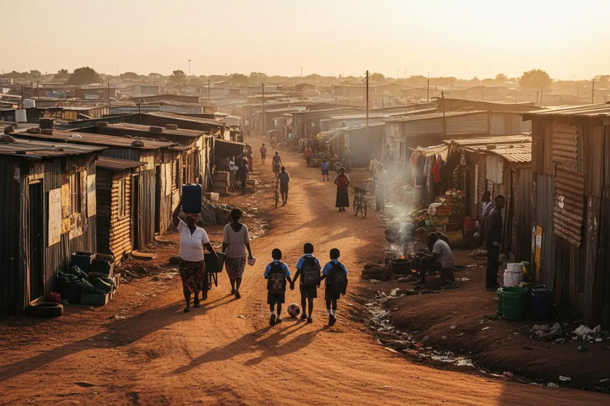 Corrugated-iron shacks lining a dirt street through an informal settlement at dusk